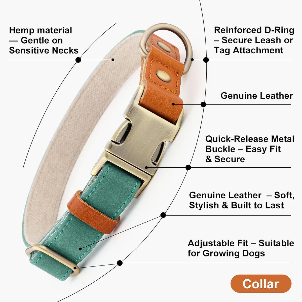 Genuine Leather & Hemp Dog Collar, Adjustable, Gentle & Stylish