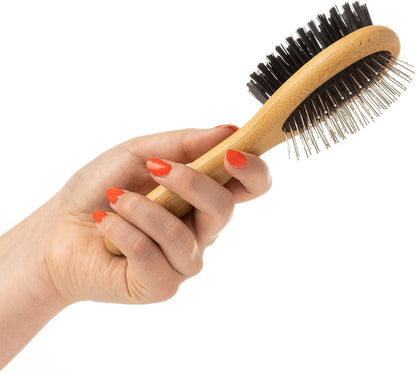 Bamboo Combi Brush, for Grooming Dog, Cat, Puppy with Smooth Short and Medium Hair Coats, Handmade from Natural Sustainable Bamboo, Small,Brown