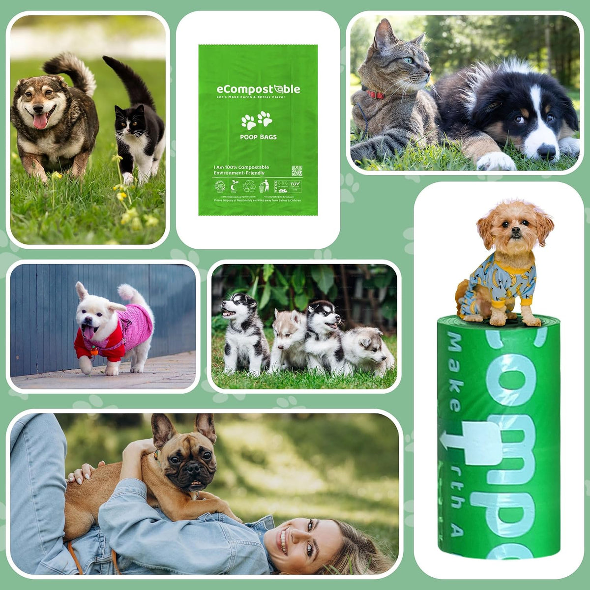 Eco-Friendly Poop Bags Compostable Cat Poop Bags - 360 Count (24 Roll) Unscented, Leak-Proof, Compostable Waste Bags for Dogs & Cats, 23X33Cm Green