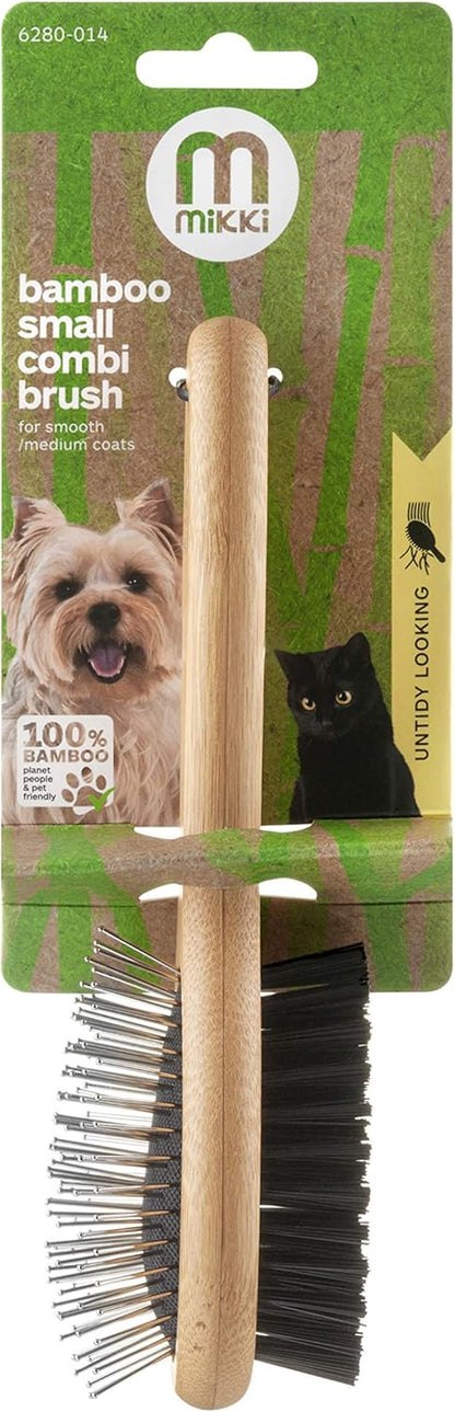 Bamboo Combi Brush, for Grooming Dog, Cat, Puppy with Smooth Short and Medium Hair Coats, Handmade from Natural Sustainable Bamboo, Small,Brown
