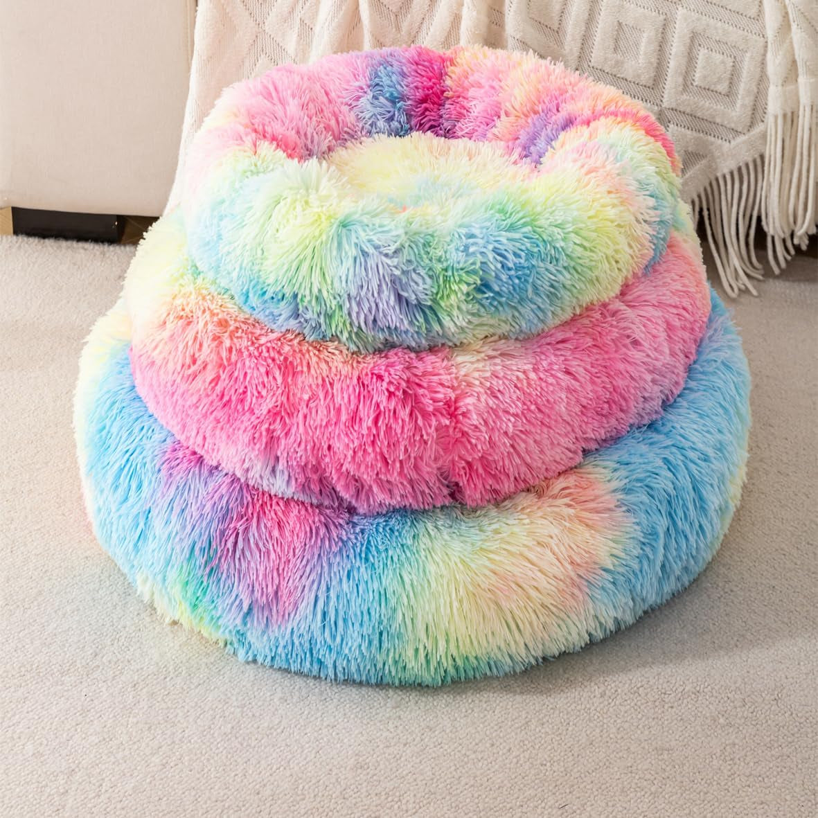 Indoor Donut Bed for Cats and Dogs Plush Soft Fluffy Faux Fur Cat Cave Bunny Bed Non-Slip Bottom Pet Beds Bunny Pillow for Small Puppies Rabbit Pillow with 3Kg Pet