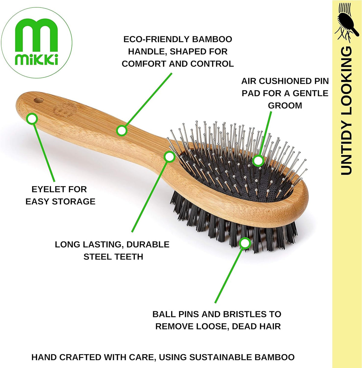 Bamboo Combi Brush, for Grooming Dog, Cat, Puppy with Smooth Short and Medium Hair Coats, Handmade from Natural Sustainable Bamboo, Small,Brown