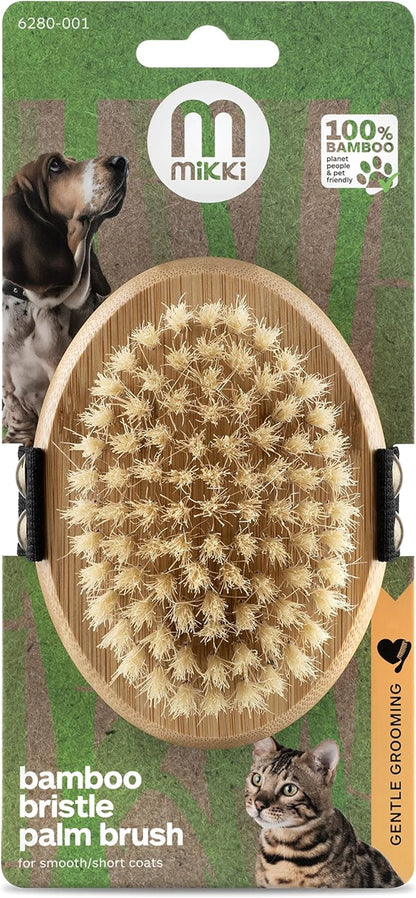 Bamboo Bristle Palm Brush for Gentle Grooming, for Dog, Cat, Puppy with Short Hair Smooth Coats, Handmade from Natural Sustainable Bamboo, Brown