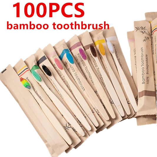 100 Pack Eco Friendly Natural Bamboo Toothbrushes,Soft Bristle Vegan Organic Wooden Travel Hotel Tooth Brush for Adults & Kids