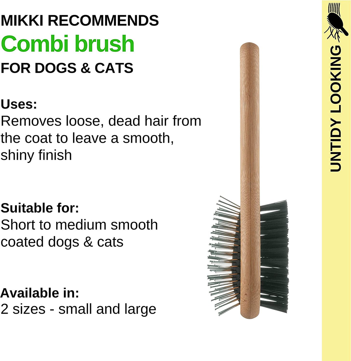 Bamboo Combi Brush, for Grooming Dog, Cat, Puppy with Smooth Short and Medium Hair Coats, Handmade from Natural Sustainable Bamboo, Small,Brown