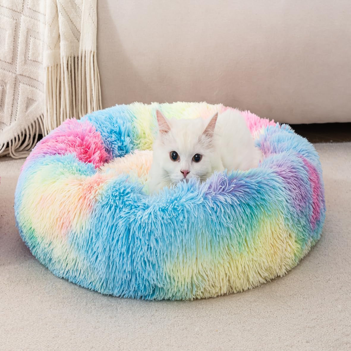 Indoor Donut Bed for Cats and Dogs Plush Soft Fluffy Faux Fur Cat Cave Bunny Bed Non-Slip Bottom Pet Beds Bunny Pillow for Small Puppies Rabbit Pillow with 3Kg Pet